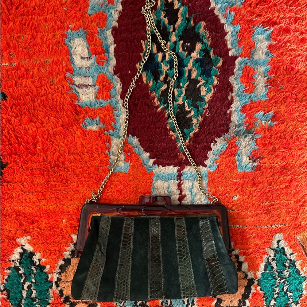 Vintage green clutch - leather and suede mix